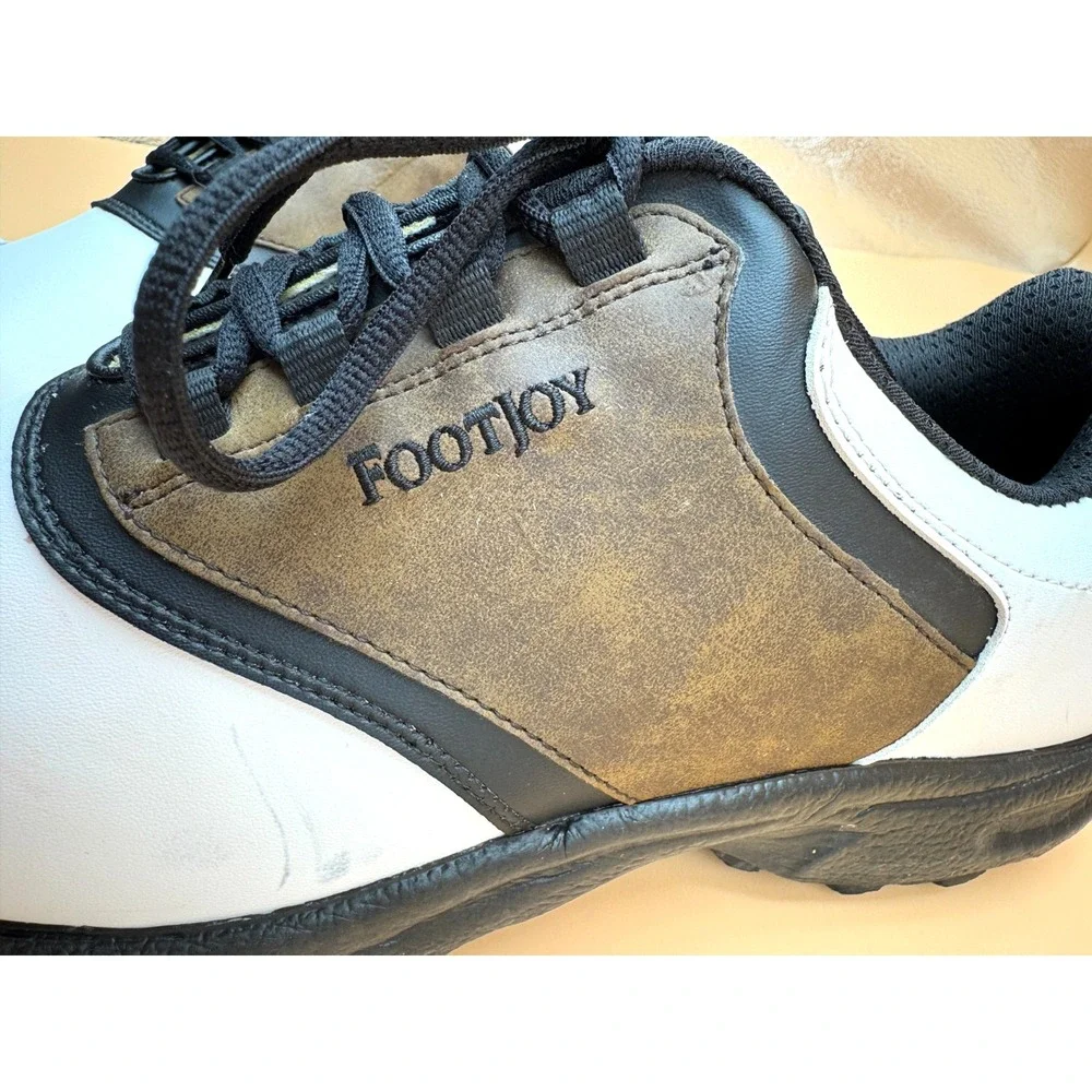 FootJoy GreenJoys Men's 10.5W White Brown Black Leather Lace-Up Golf Shoes Cleat - Picture 9 of 14